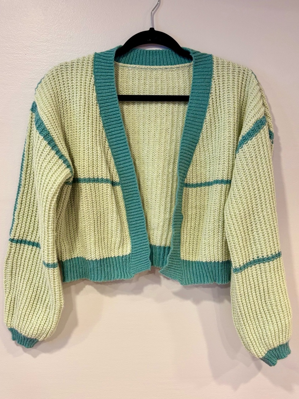 SHEIN Cropped Contrast Trim Open Front Cardigan Seafoam Green Women's Small